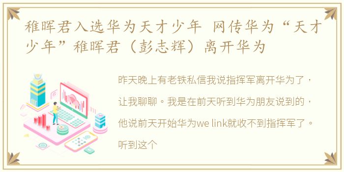 稚晖君入选华为天才少年 网传华为“天才少年”稚晖君（彭志辉）离开华为