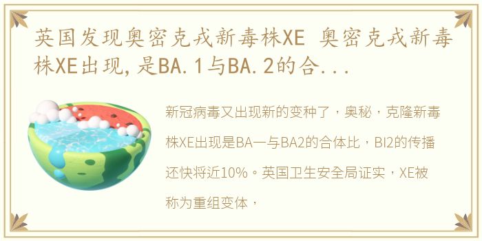 英国发现奥密克戎新毒株XE 奥密克戎新毒株XE出现,是BA.1与BA.2的合体,比BA.2的传播还快将近10%…