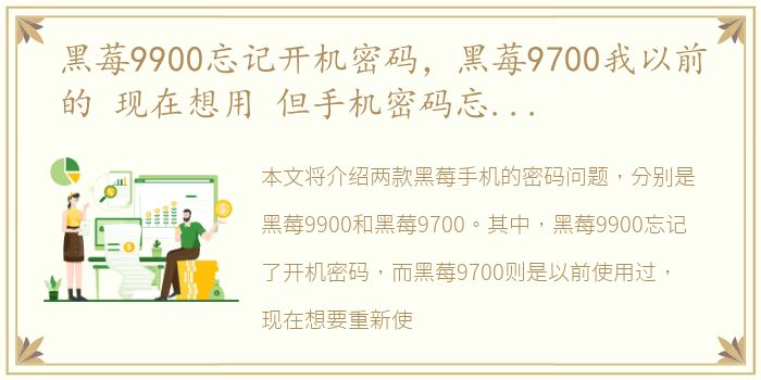 黑莓9900忘记开机密码，黑莓9700我以前的 现在想用 但手机密码忘记啦 现在只能接