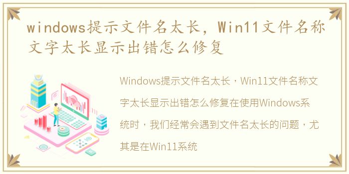windows提示文件名太长，Win11文件名称文字太长显示出错怎么修复