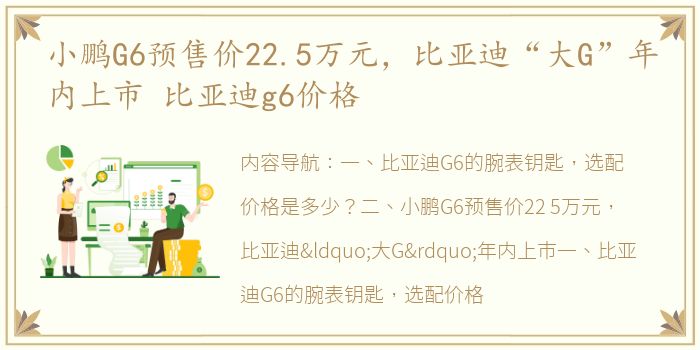小鹏G6预售价22.5万元，比亚迪“大G”年内上市 比亚迪g6价格