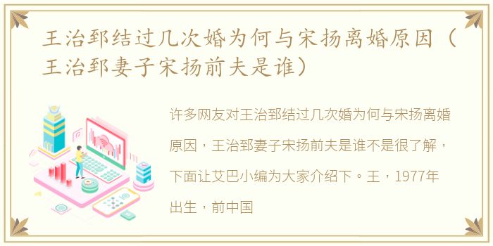 王治郅结过几次婚为何与宋扬离婚原因（王治郅妻子宋扬前夫是谁）