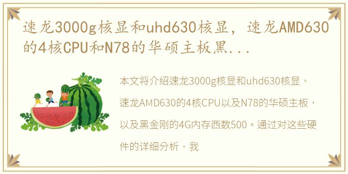 速龙3000g核显和uhd630核显，速龙AMD630的4核CPU和N78的华硕主板黑金刚的4G内西数500