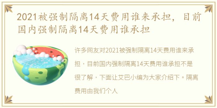 2021被强制隔离14天费用谁来承担，目前国内强制隔离14天费用谁承担