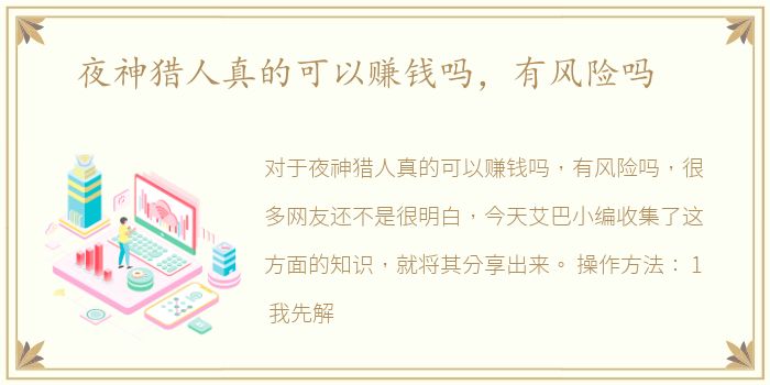 夜神猎人真的可以赚钱吗，有风险吗