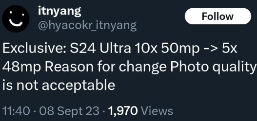 三星Galaxy S24 Ultra将配备48MP变焦摄像头而不是50MP