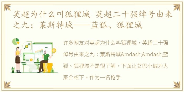 英超为什么叫狐狸城 英超二十强绰号由来之九：莱斯特城——蓝狐、狐狸城