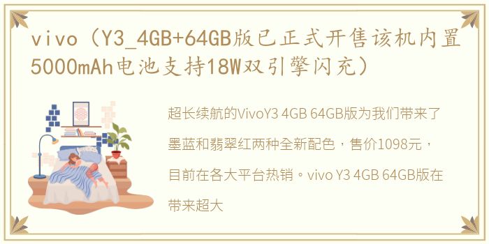 vivo（Y3_4GB+64GB版已正式开售该机内置5000mAh电池支持18W双引擎闪充）
