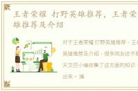 王者荣耀 打野英雄推荐，王者荣耀打野英雄推荐及介绍