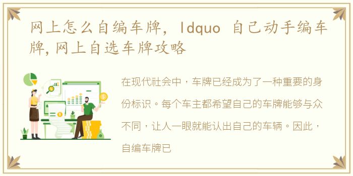 网上怎么自编车牌，ldquo 自己动手编车牌,网上自选车牌攻略