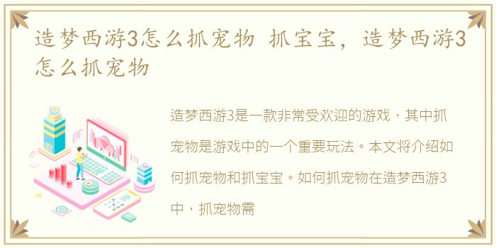 造梦西游3怎么抓宠物 抓宝宝，造梦西游3怎么抓宠物