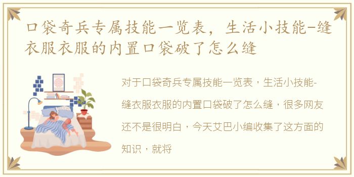 口袋奇兵专属技能一览表，生活小技能-缝衣服衣服的内置口袋破了怎么缝