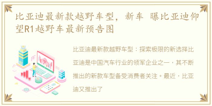 比亚迪最新款越野车型，新车 曝比亚迪仰望R1越野车最新预告图